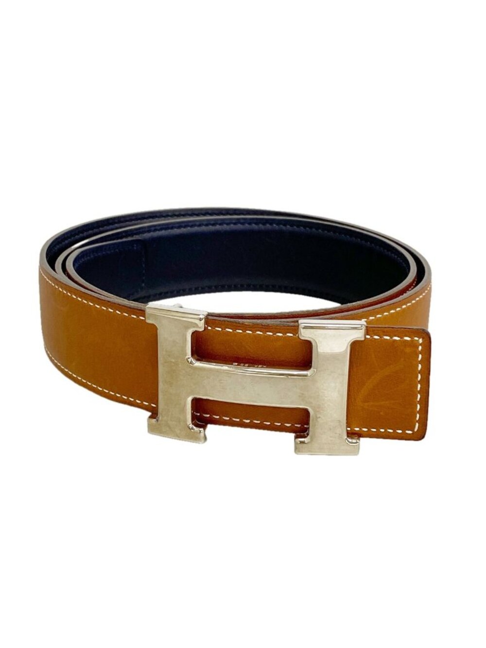 Hermes Belt Constance Box Calf Barenia Fauve Blue Navy Silver